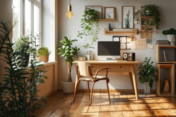 Computer workstation with desk in the room, Interior Design modern workstation with desk and desktop computer, Stylish Home Office, AI-generated