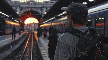 Young traveler with a hat and backpack, sunlit train station, vibrant sunset colors, Realism, High detail 8K , high-resolution, ultra HD,up32K HD