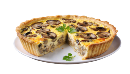 Mushroom and cheese quiche on a plate, isolated on a transparent background.