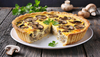 Mushroom and cheese quiche on a plate with a slice missing.