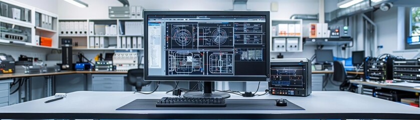 Fototapeta premium A professional engineers desk, displaying complex CAD models on a monitor in a wellequipped studio, perfect for technology and design themes
