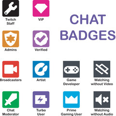 Chat badges icons. Membership status for gaming social media.