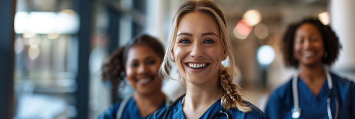 Portrait of Three Happy Female Nurses in Blue Scrubs