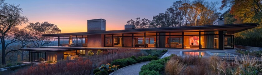 Fototapeta premium A serene setting of a modern home during twilight, showcasing refined architectural details and a landscape lit by autumn colors