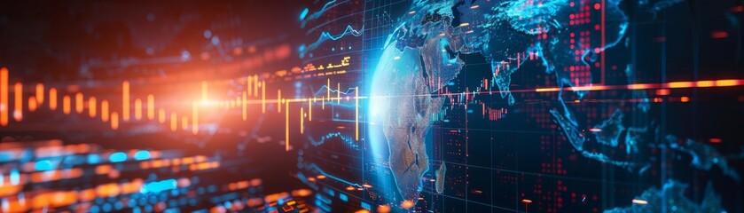 A striking digital representation of global markets, featuring a glowing earth with live financial data overlays, ideal for a futuristic finance concept