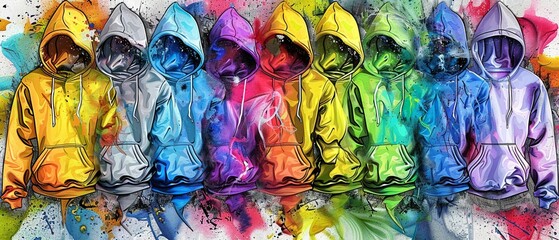 Soft and colorful hoodies lined up, pastel hues, inviting and cozy, Hyperrealistic