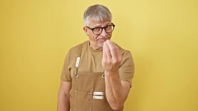 Middle age grey-haired man wearing apron and glasses standing doing italian gesture with hand and fingers confident expression over isolated yellow background