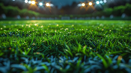 Naklejka premium Night soccer stadium with cinematic lighting and green field. Low angle photo
