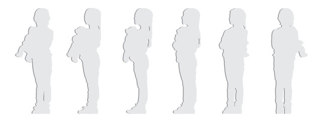 Vector  conceptual gray paper cut silhouette of a little girl holding a teddy bear from different perspectives isolated on white background. A metaphor for innocence, childhood, security and family