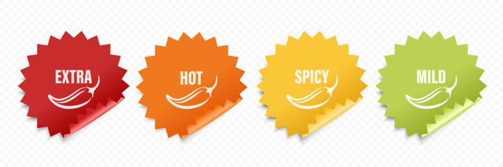 Realistic Vector Round Stickers with Spicy Chili Pepper Icon, Food Spicy Level. Red, Orange, Yellow, Green Jalapeno Pepper Strength Scale Sticker Indicators with Mild, Spicy, Hot and Extra Positions