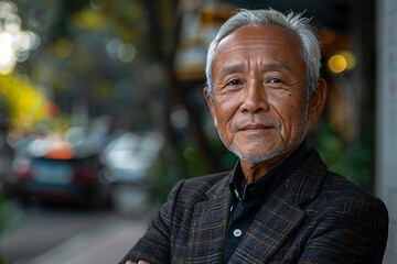 Confident Elderly Asian Man in a Blazer Standing Outdoors on a City Street