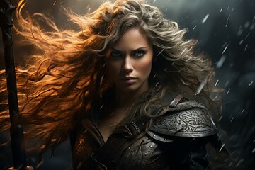 A fierce and fearless warrior woman, wielding a double-bladed axe and commanding the forces of storm and wind. - Generative AI