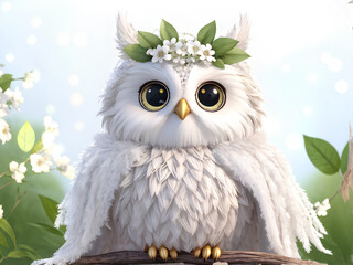Fototapeta premium a fluffy owl with large, expressive eyes, wearing a wreath of white flowers and green leaves, perched on a branch against a soft, bokeh-filled background.