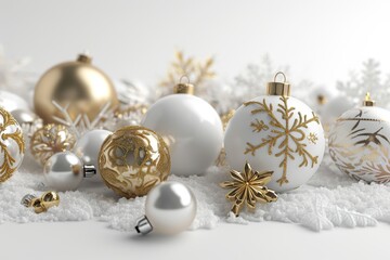 Winter holiday  Festive white and gold Christmas ornaments and baubles. Empty glass snowball isolated on white background, AI-generated