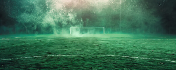 Fototapeta premium A soccer goal shrouded in fog in front of trees.