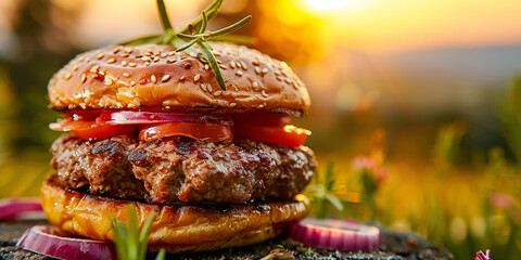 Homemade hamburger on green grass with sun flare. Close-up.