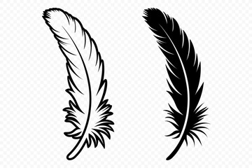 Obraz premium Vector Black and White Fluffy Feather Logo Icons. Silhouette Feather Set Closeup Isolated. Design Template of Flamingo, Angel, Bird Feather. Lightness and Freedom Concept