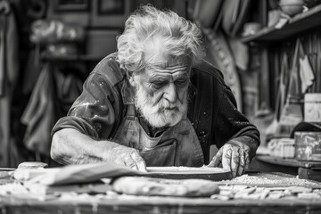 Old man preparing bread