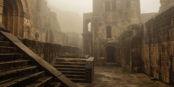 Bosra in a mystical atmosphere Surrounded by fog a_001