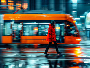 Blurred background, public transport and passing people against the background of the city