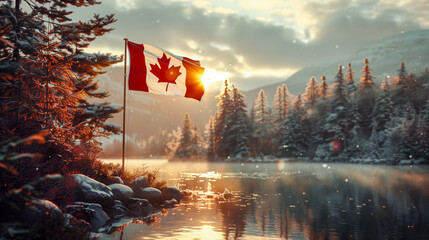Canadian flag flutters on the shore of a lake at sunset