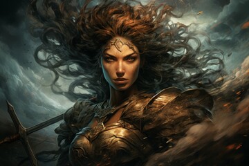 A fierce and fearless warrior woman, wielding a double-bladed axe and commanding the forces of storm and wind. - Generative AI