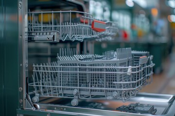 Modern dishwasher kitchen household dish washing machine professional restaurant cafe equipment consumer grade heavy load home routine clean plates cups appliances loading unloading water technology