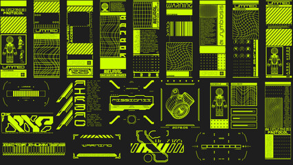 Scifi Hud elements. Futuristic text box, border, frame. Sci-fi digital screen, hologram panel. High tech  UI interface vector set, digital circle, graphic box, game                   © Bruno