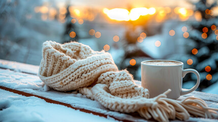 Knitted scarf lie next to cup of hot coffee on wooden railing of terrace, painted white, on background of snow-covered fabulous winter fir forest. Atmosphere of New Year's. Christmas greeting card.