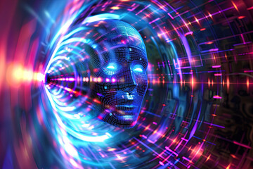 K&uuml;nstliche Intelligenz im Cyberspace: Digitaler Kopf in einer Lichtstrahlenr&ouml;hre