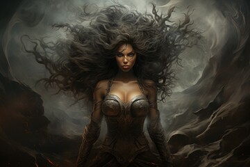 A fierce and fearless warrior woman, wielding a double-bladed axe and commanding the forces of storm and wind. - Generative AI