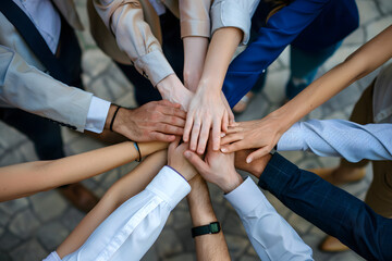 Close up of top view of business people putting their hands together.