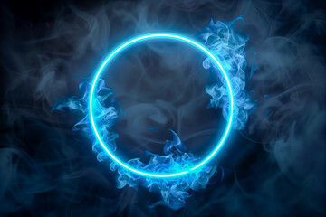 Obraz premium Neon blue color with flame effect geometric circle on dark background
