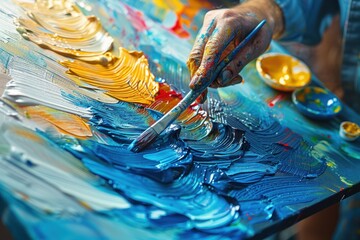 An artist is applying vibrant colors to a large canvas