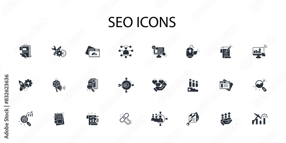 Poster seo icon set.vector.editable stroke.linear style sign for use web design,logo.symbol illustration.