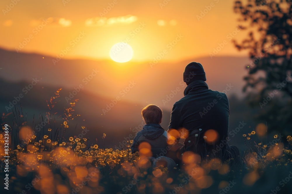 Wall mural watching the sunrise together, father and child shared a silent moment of understanding.