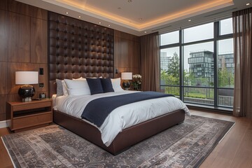 Elegant modern bedroom with large windows, cityscape view, and stylish furniture, creating a serene and sophisticated space