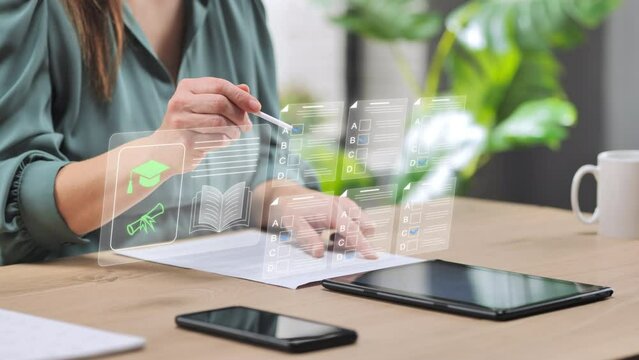  online e-learning test  for graduation,young woman sitting at home using tablet filling questionnaire,answer questions,internet learning education,student passes examination