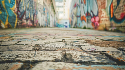 Vivid Graffiti Covered Wall in Abandoned Urban Alleyway with Selective Focus and Copy Space