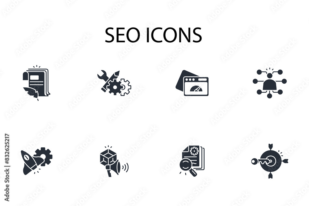 Poster seo icon set.vector.editable stroke.linear style sign for use web design,logo.symbol illustration.