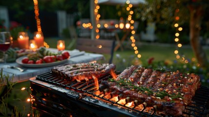 A barbecue party with pork spare ribs as the star attraction, surrounded by friends and festive decorations