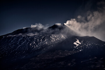 Etna volcano releases volcanic vortex rings into the sky, Sicily, Italia. Wild geology Europe. Ash...