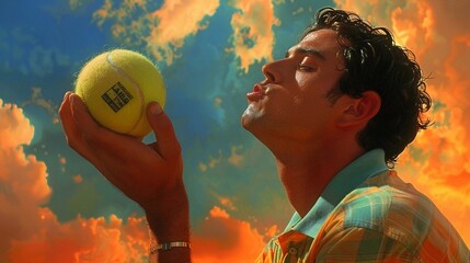 Portrait of a man kissing a golf ball, sunset casting a warm glow, passionate moment, Realism, High detail 8K , high-resolution, ultra HD,up32K HD