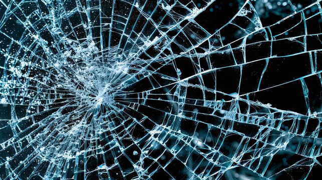 Broken glass on a dark background. After the impact, the glass surface has cracks diverging from the point of impact or bullet hit. The concept of destruction, vulnerability and fragility of existence