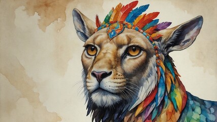 Majestic lion portrait with a colorful feather headdress, rendered in vibrant watercolor on a textured background