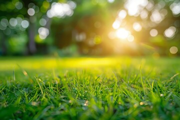 Naklejka premium close up of green grass with blurred garden background and light, Spring, and nature background concept, blurred bokeh background
