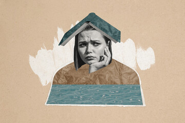Composite photo collage of upset depressed girl hold book head roof offended melancholy mood...