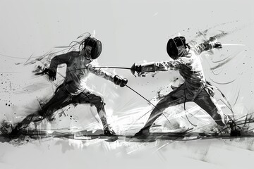 Artistic Interpretation of Fencing Techniques with Dynamic Poses Against Minimalist Background