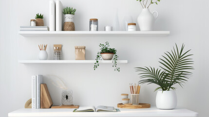 A white shelf with a variety of items on it, including a potted plant and a book