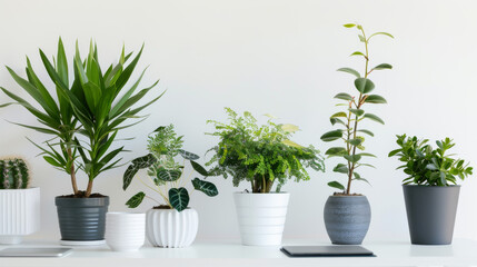 Fototapeta premium A row of potted plants sit on a white shelf, including a tall palm tree